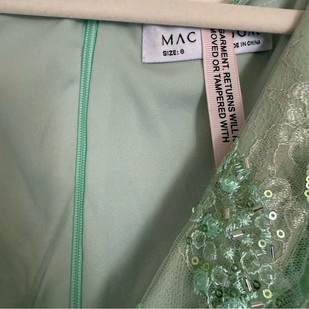 Mac Duggal Size 8 Mint Green 68266 Puff Sleeve V-Neck Embellished Midi Dress New - Picture 11 of 15